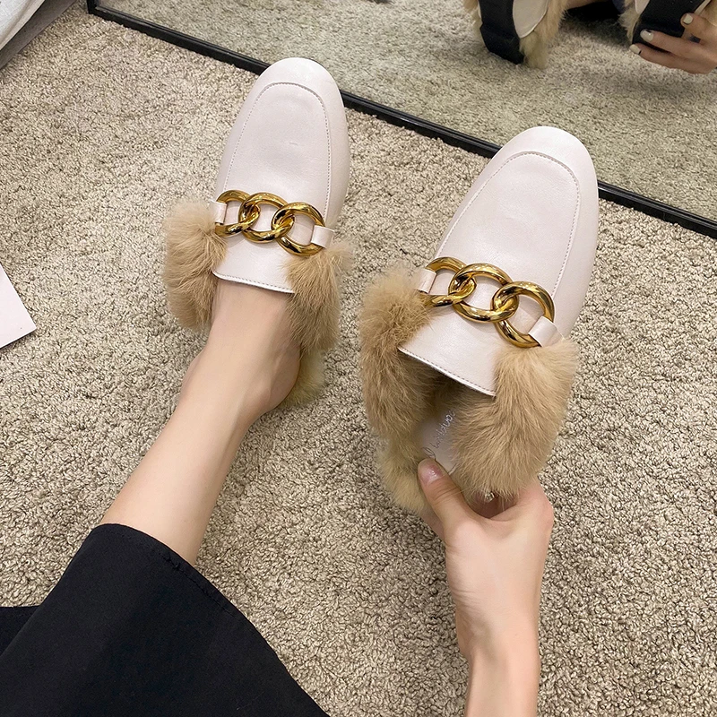 

New autumn and winter slippers for women Muller slippers for women thermal fashion rabbit hair and wool wrapped half slippers