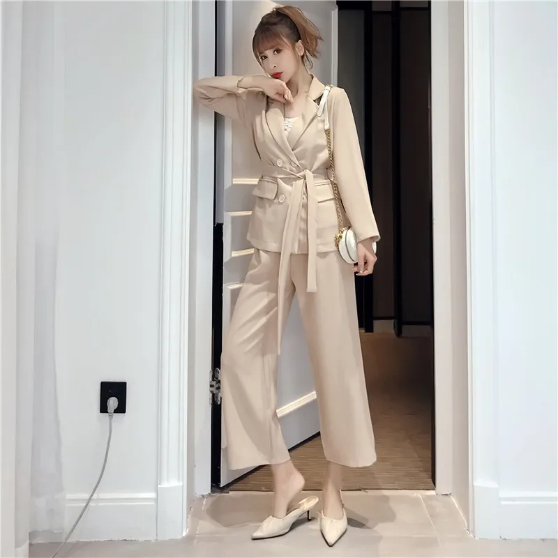 

New Style Autumn Winter Women Lace Up Pant Suit Notched Blazer Jacket & Pant Office Wear Suits Female Sets
