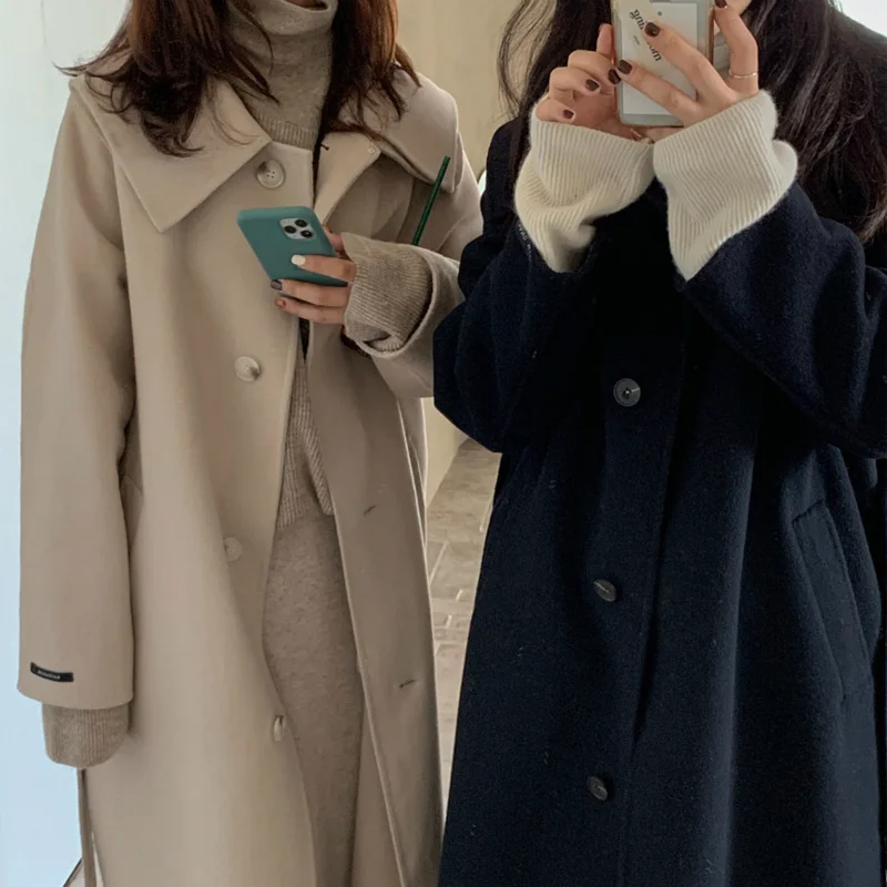 

SHZQ 2021 зимнее двухстороннее длинное шерстяное пальто ручной работы, женское однобортное шерстяное пальто со шнуровкой и поясом