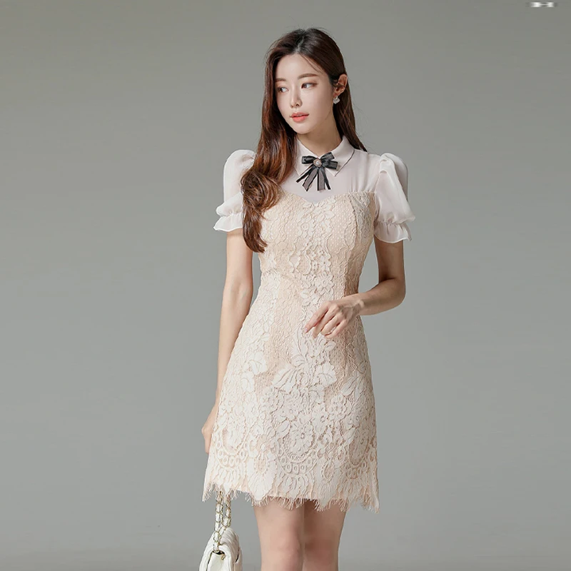 

New 2021 Summer Women Dress Puff Sleeve Patchwork Mesh High-End Korean Bow Sheath Lace Dresses