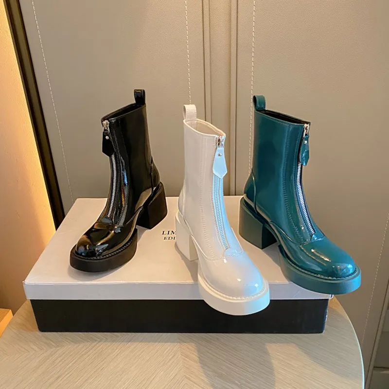 

Size 34-40 Shiny Natural Genuine Leather Women Ankle Boots White Black Green Chunky Heels Round Toe Front Zipper Booties Shoes