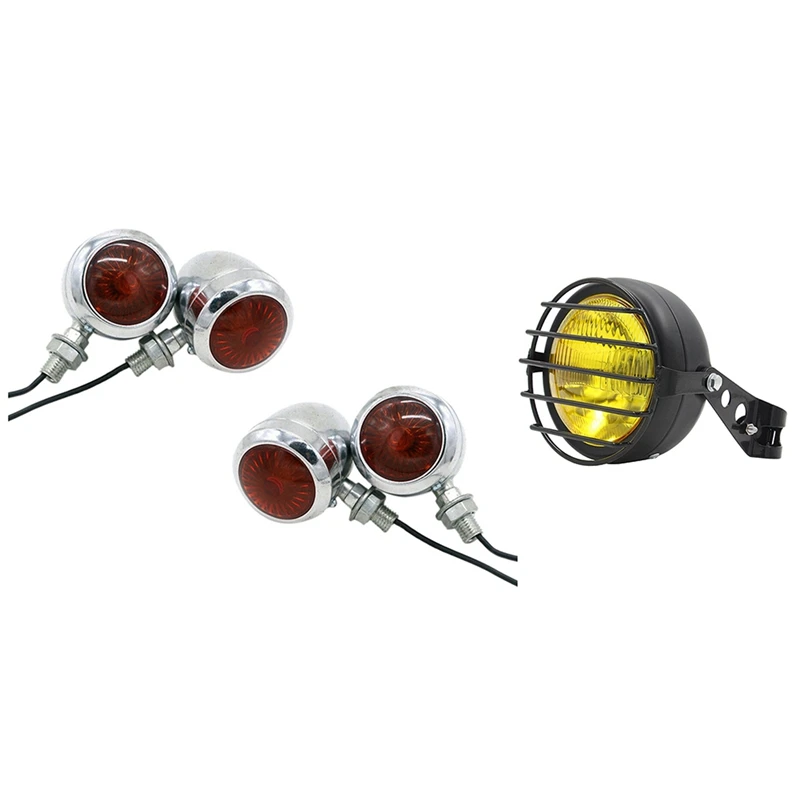 

4Pc Chrome Motorcycle Turn Signal Light Led Motor Lamp Bulb & 1set 6.5Inch Retro Motorcycle Amber Headlight