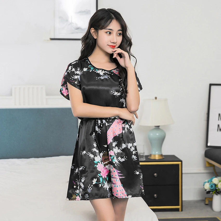 Round Neck Oriental Japanese Yukata Dress for Woman Kimono Bridesmaid Pajamas Short Sleeve Satin Silk Sexy Home Wear Nightgown