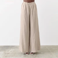 new retro linen loose slim trousers women spring and summer thin elastic belt cotton and linen wide leg pants high waisted pants
