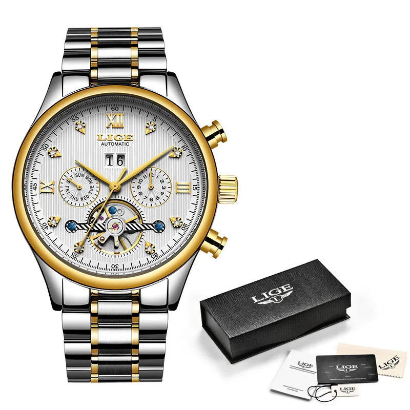 Rose gold white LIGE новые мужские часы Топ бренд Роскошные автоматические/механические/роскошные часы мужские спортивные наручные часы Мужские часы reloj hombre tourbillon - Цвет: Rose gold white