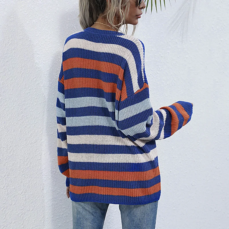 

O-neck Women's Sweaters Casual Patchwork Pullover Long Knitted Jumpers Long Sleeve Sweater Losse Sweater Spring Autumn 2021 Blue