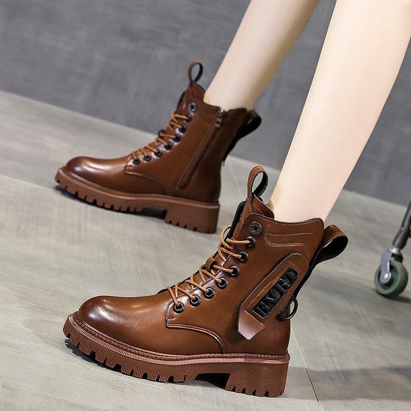 

Autumn New Women's Short Tube Bare Boots Solid Color Round Head Square Heel Lace-up Outdoor Non-slip Comfortable Casual Boots