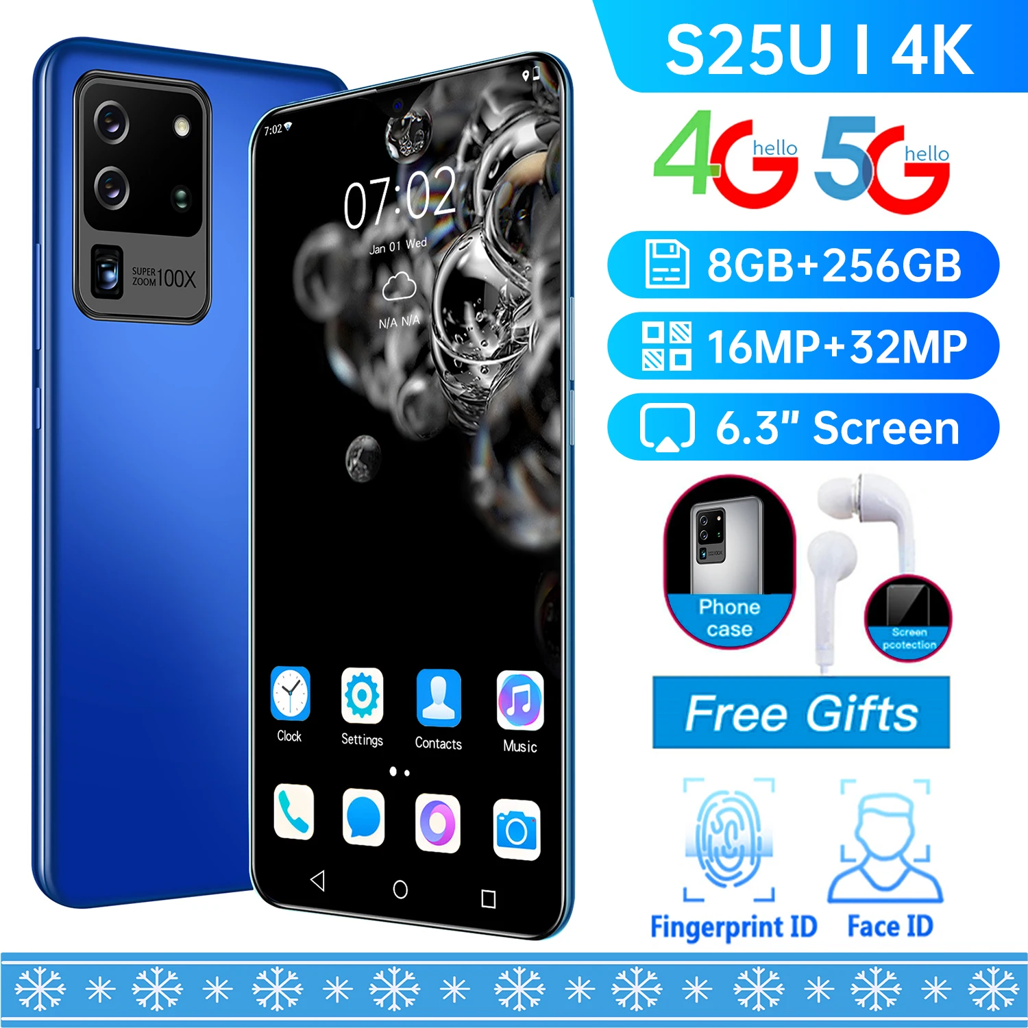

Global Version S25U 6.3Inch Drop Screen 4800mAh 8+256GB Smartphone Support Fingerprint Unlocks Dual SIM 4G5G MobilePhone
