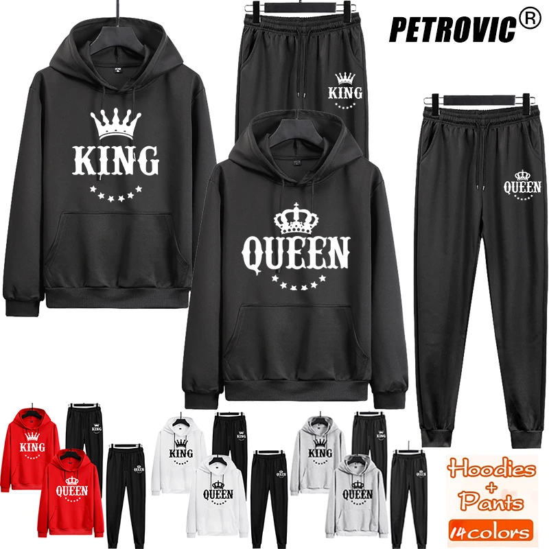 2021 Couple Sportwear Brand Men's Women's Sets KING QUEEN Printed Hooded Suit Sets 2PCS Men's Hoodies Sweatpant الرجال مجموعات