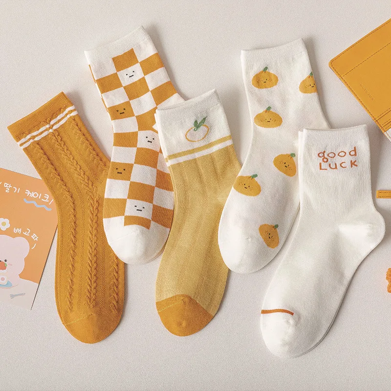 

2021 spring and summer new socks women's yellow twisted tube socks orange checkerboard socks
