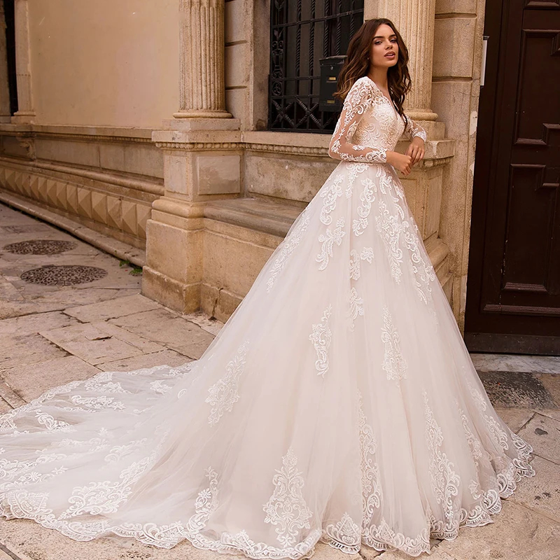 

BAZIIINGAAA Luxury Wedding Dress Long Sleeve Applique Lace Wedding Noble Applique Muslim Brides Support Tailor-made