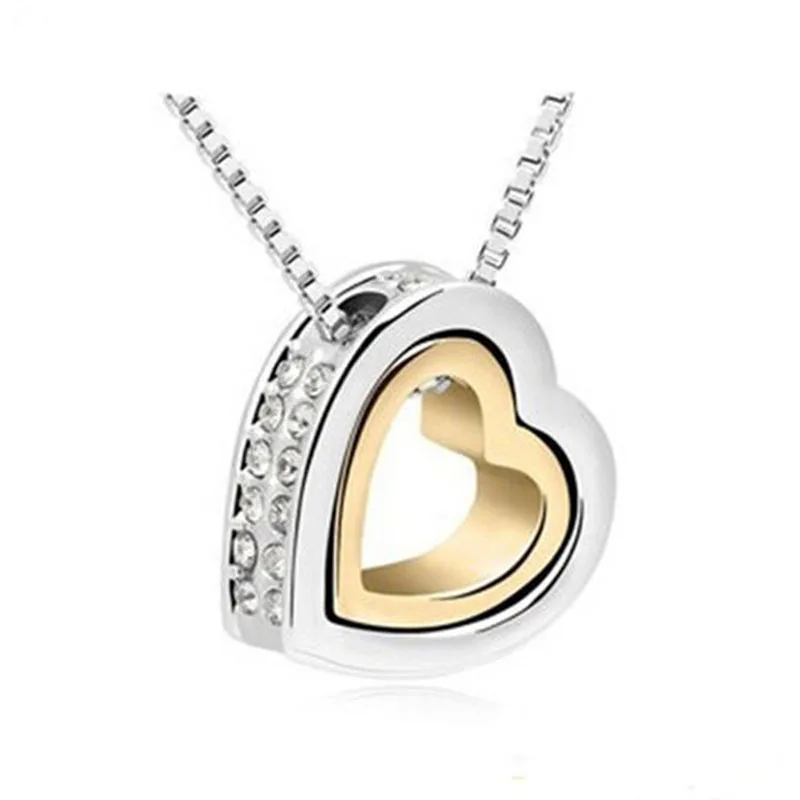 Silver.White.Gold Новое качество австрийский кристалл АААА+ двойное сердце со стразами кулон свитер цепь ожерелье шарм Женская мода ювелирные изделия - Окраска металла: Silver.White.Gold
