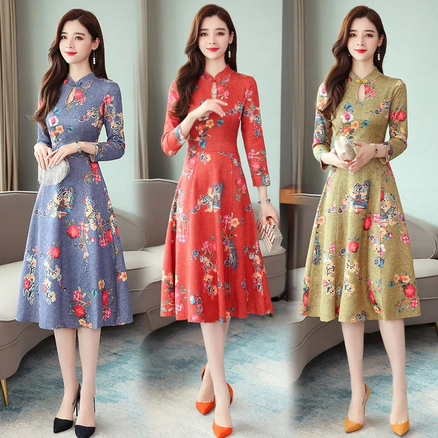 Винтажное синее платье средней длины в китайском стиле осенне-зимнее размера