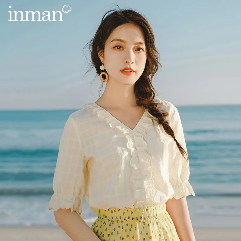 INMAN летняя кружевная блузка с коротким рукавом и V-образным вырезом | Женская