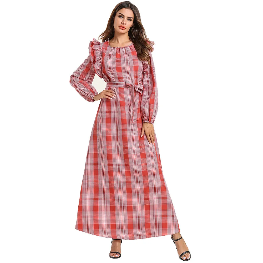 2019 abaya Femme Musulman осеннее Плиссированное тонкое платье в клетку с длинными рукавами