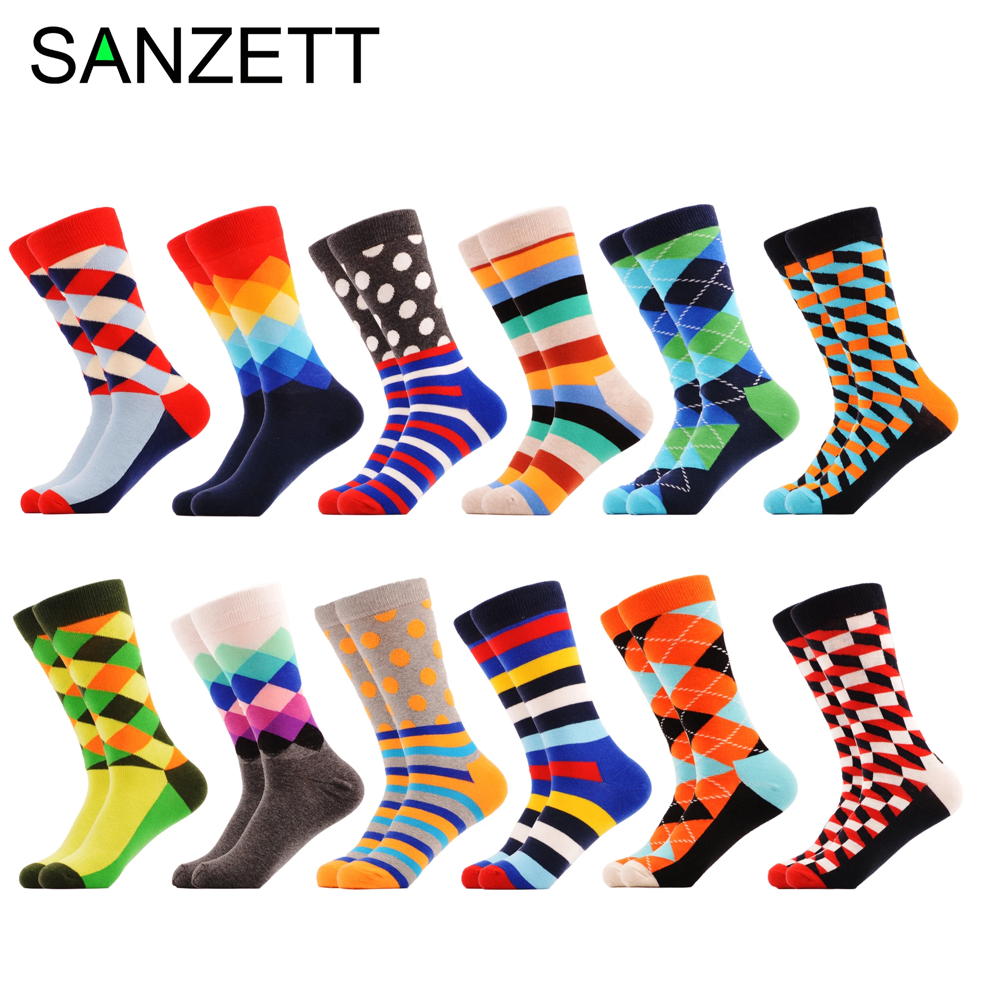 SANZETTI 12 пар/лот забавные мужские Разноцветные носки из чесаного хлопка для
