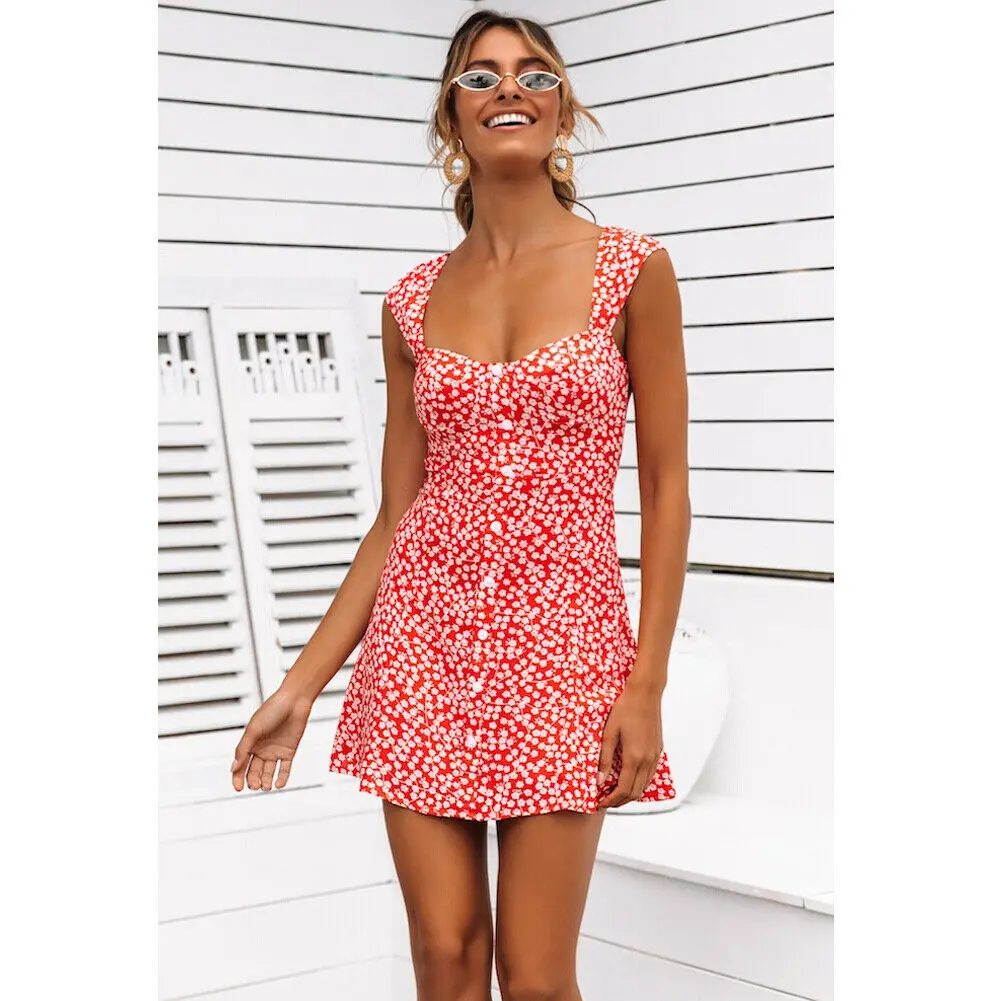 

Hirigin Women Boho Print Dresses V neck Sleeveless Ruffles Mini Dress Ladies Summer Beach Holiday Short Sundress