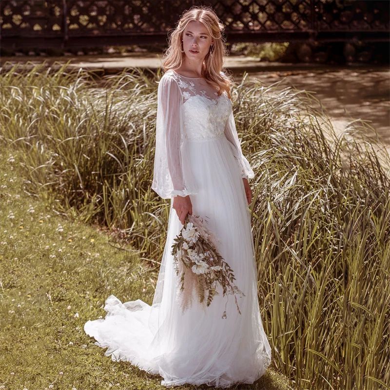 

Boho 2021 Long Sleeves Wedding Dress A Line Sheer Neck Appliques Tulle Country Bridal Gowns Vestidos De Fiesta