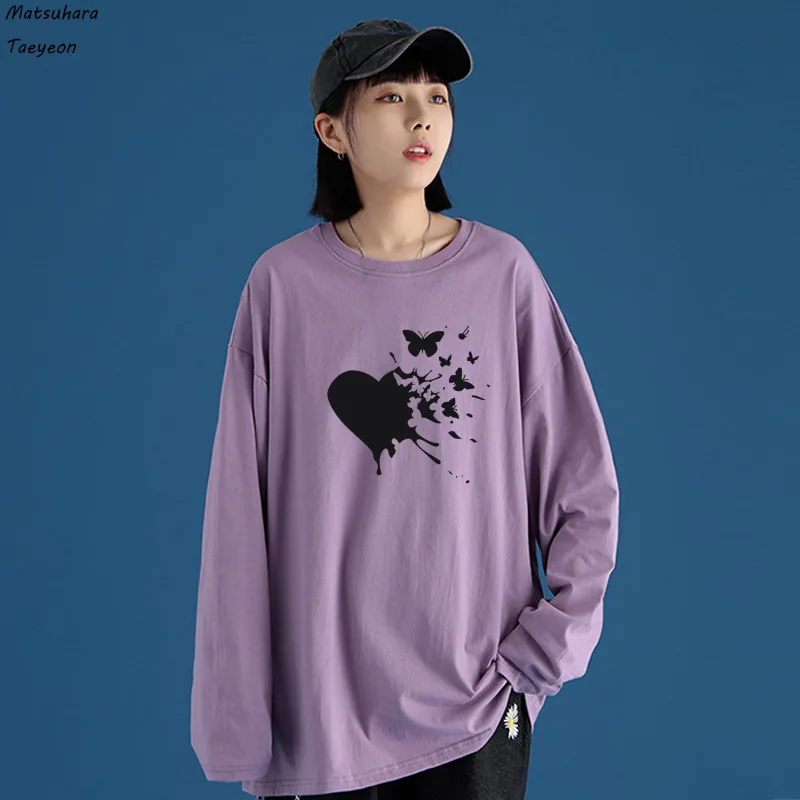 

Heart Butterflies Print T-shirts Women Loose Long Sleeve Graphic Tees Aesthetic Clothes Streetwear T Shirt Women 2020 Ropa Mujer