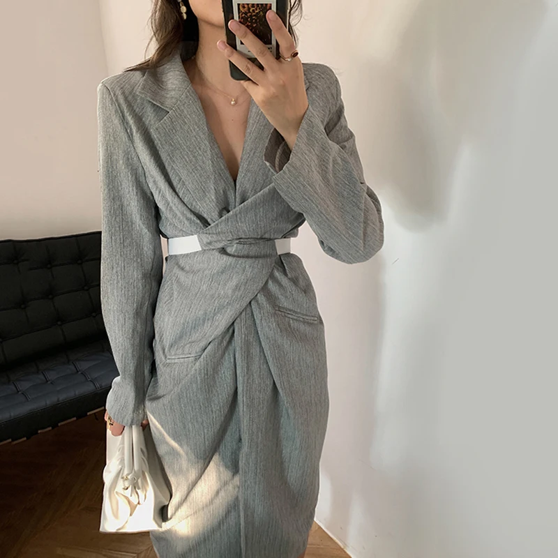 

Women Gray Pleated Knot Long Elegant Dress New 2021 fashion Loose Fit summer dress FS043