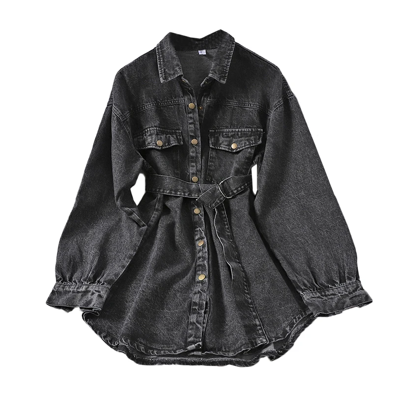 Осенняя темпераментная Универсальная джинсовая рубашка средней длины с поясом