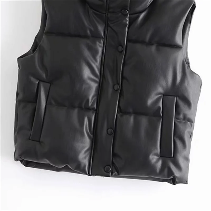 

Women 2021 Fashion Leather Cotton Cropped Padded Waistcoat Vintage Sleeveless Female Outerwear Streetwear