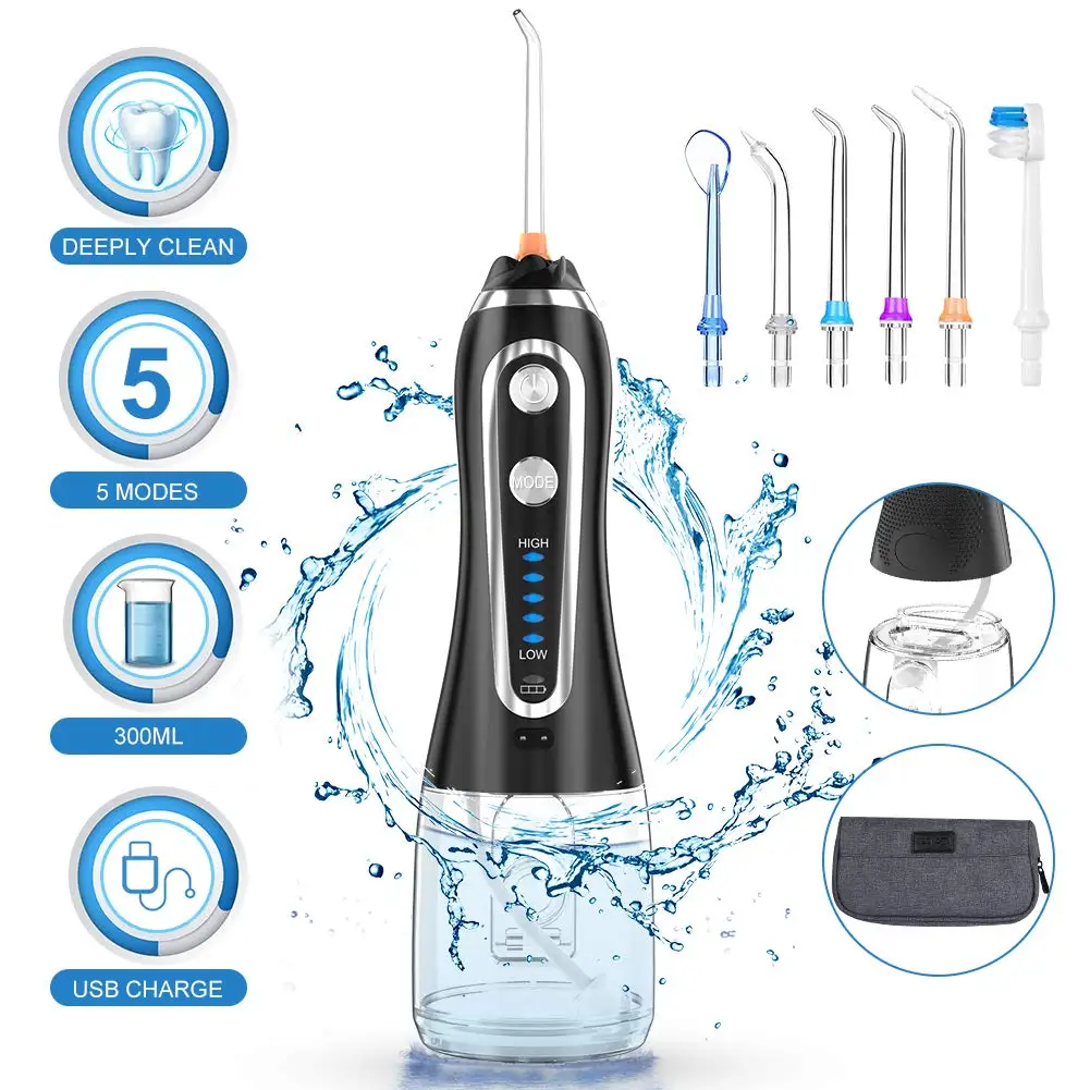 

300ml Oral Irrigator USB Rechargeable Water Floss Portable Dental Water Flosser Jet 5 Modes Irrigator Dental Teeth Cleaner+5 Jet
