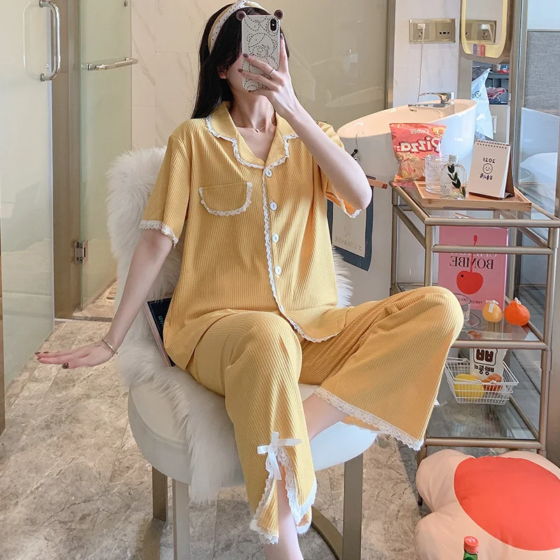 

Желтая Пижама, женские брюки с коротким рукавом, студенческий кружевной летний костюм в Корейском стиле, Свободный кардиган, повседневная о...