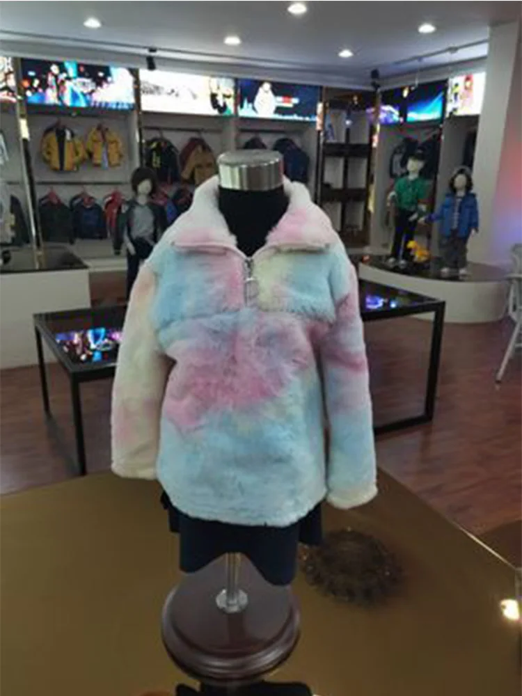 

2021 autumn winter hot sale rainbow color plush gradient color printing round neck loose pullover women's hoodie