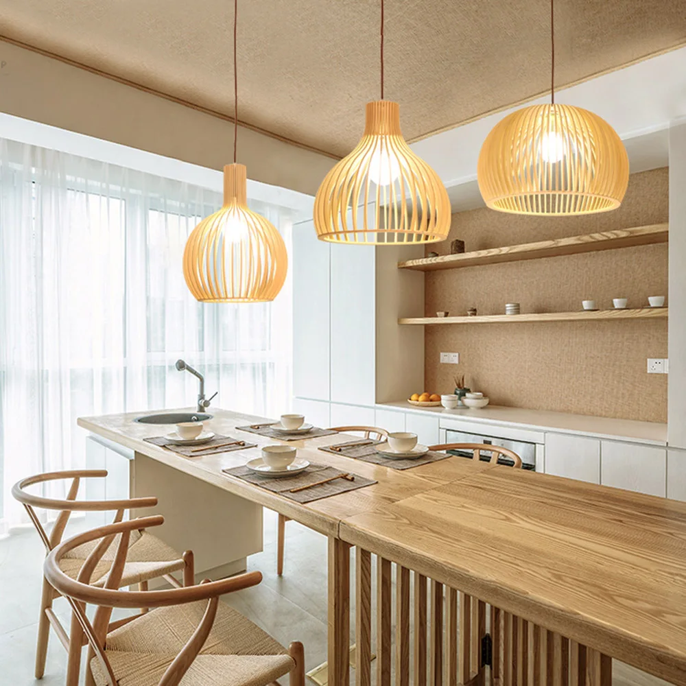 

Nordic Log Pendant Light Creative Restaurant Hotel Japanese Tatami Art Lamp Personality B & B Solid Wood Bird Cage Pendant Light