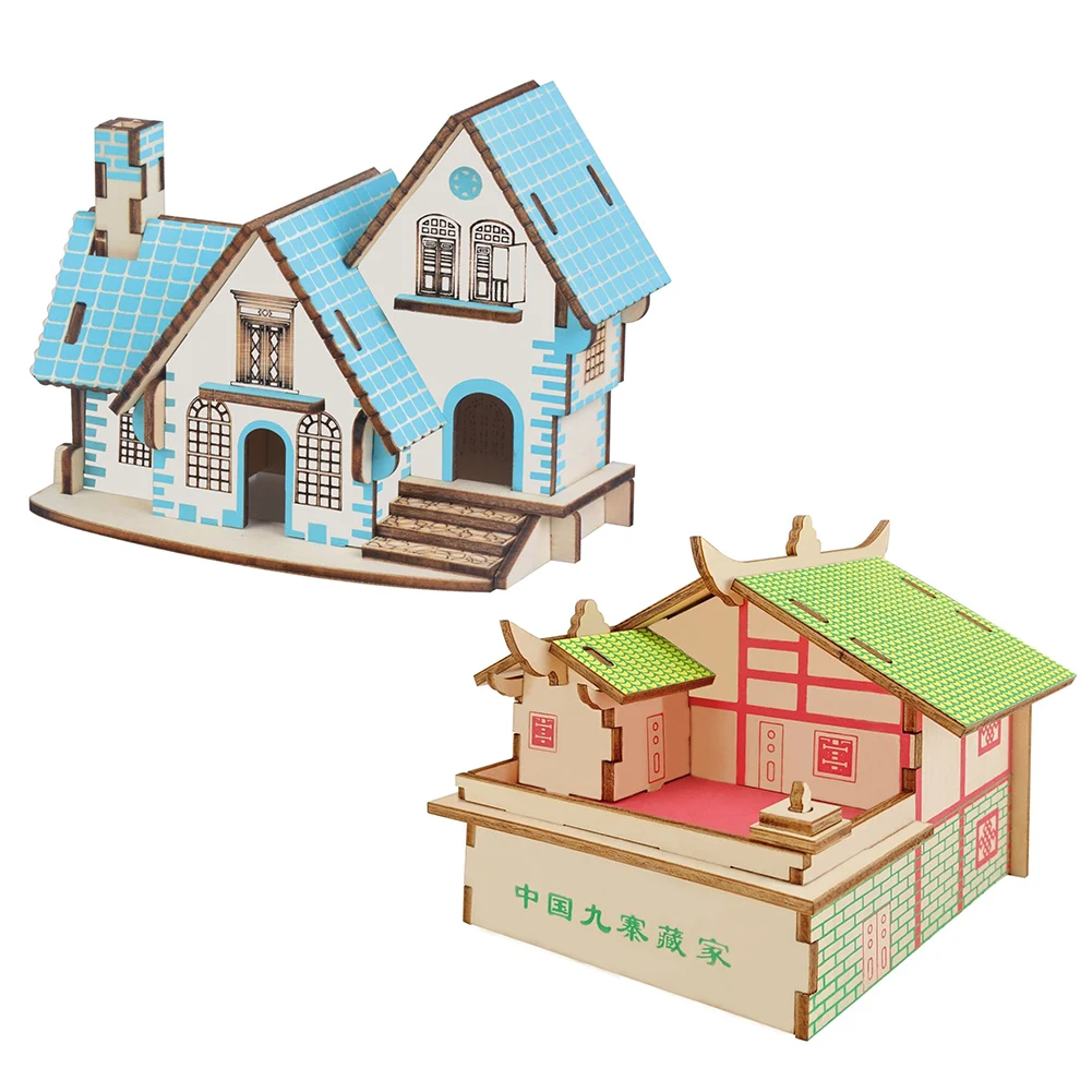 2Pcs Kids DIY Assembly Wooden 3D House Model Jigsaw Puzzle Learning Education Toy Intelligence Develop Toys | Игрушки и хобби