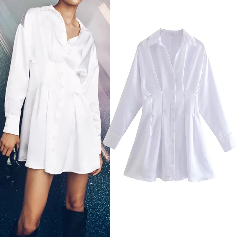 

Платье-рубашка женское атласное Плиссированное с длинным рукавом, на пуговицах