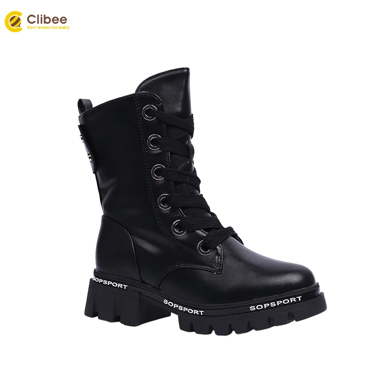 

Clibee Winter Children Boots PU Leather Martin Boots Kids Snow Boots Girls Fashion Riding Biking Shoes With Thick Mid Heel Sole