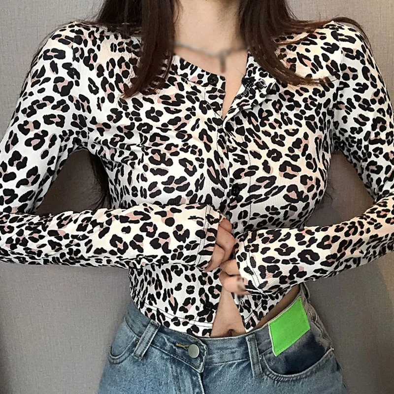 

Summer Women's Leopard Sexy Sweet T-Shirt O-Neck Button Slim Expose Navel Cardigan Long Sleeve Knitted Tops