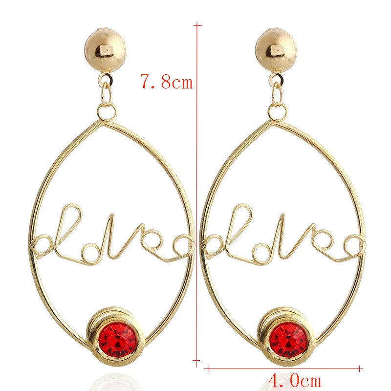

Trendy Personality Alloy Ellipse Hoop Earrings For Love Couple Jewelry Gifts Red Zircon Circle Letters Drop Earring Brincos