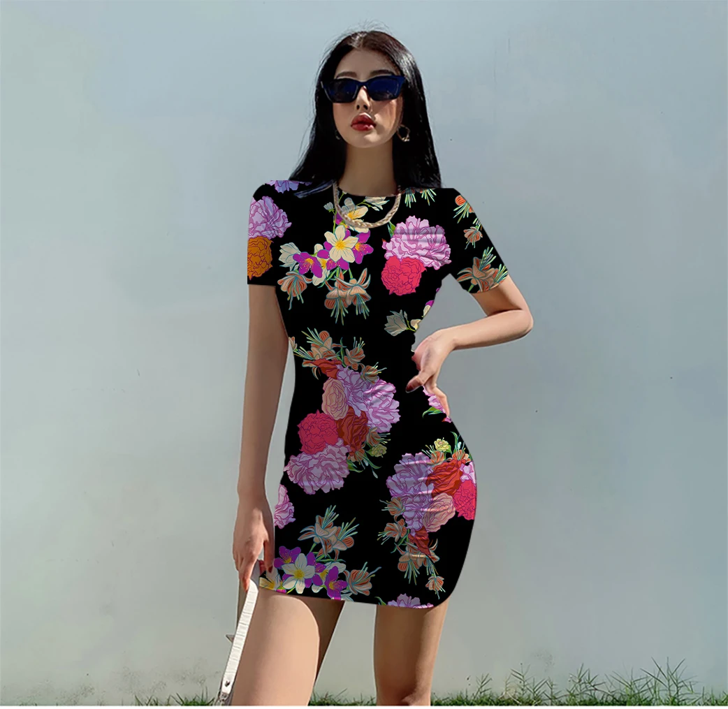 

Summer ladies 3D printed polyester fiber large size short-sleeved messy flower dress sexy and charming, soft and comfortable