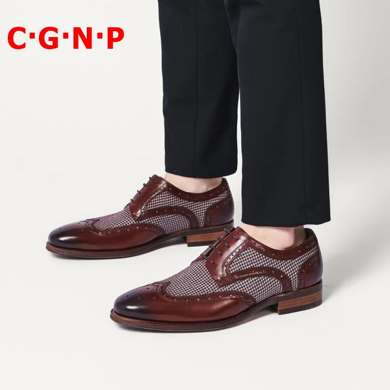 

C·G·N·P Italy Style High Quality Patchwork Genuine Leather Full Brogue Wing-tip Formal Shoes Men Dress Shoes Oxford Wedding Shoe