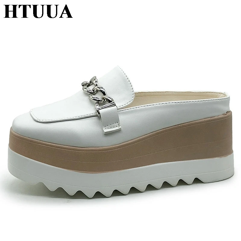 HTUUA/черная и белая модная металлическая цепочка танкетки на платформе Шлепанцы