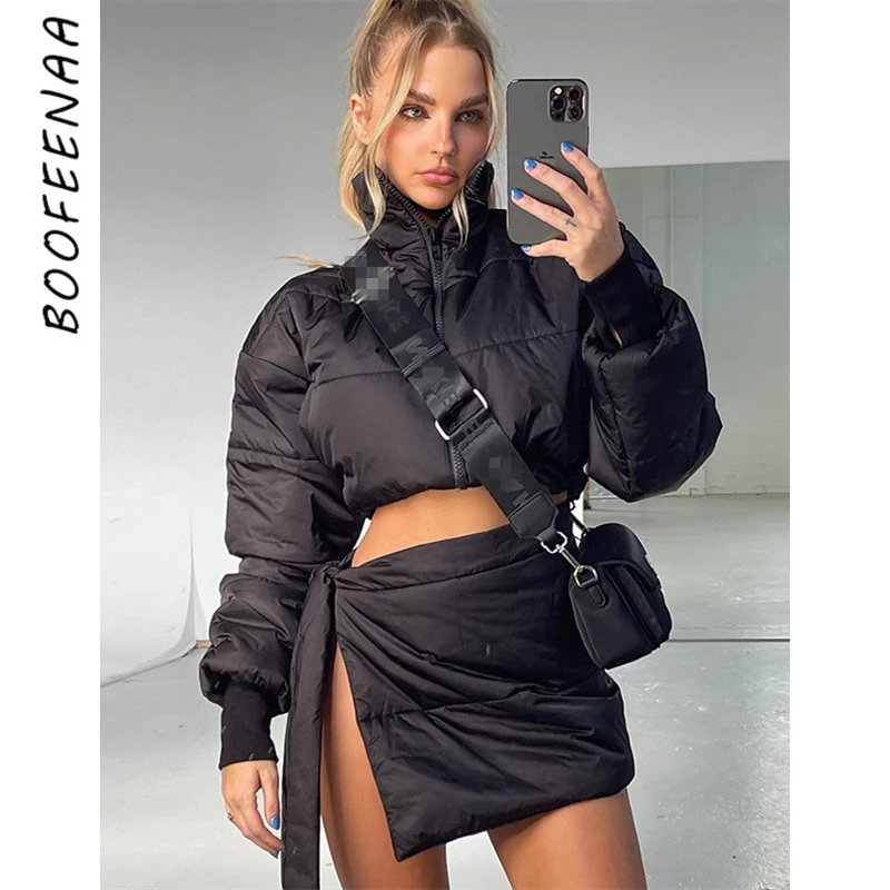 

BOOFEENAA комплект из двух предметов теплые укороченные куртки-Пуховики со шнуровкой мини-юбки зимняя одежда женские подходящие комплекты