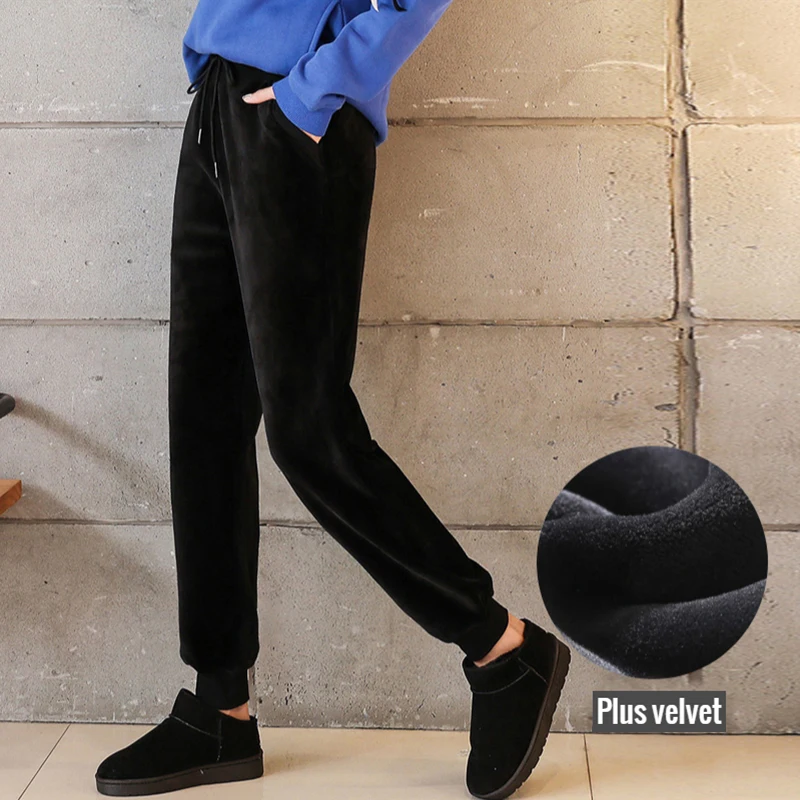 

Gold velvet sweatpants women plus velvet warm pants 2021 autumn and winter double-sided velvet high waist harem women's trousers
