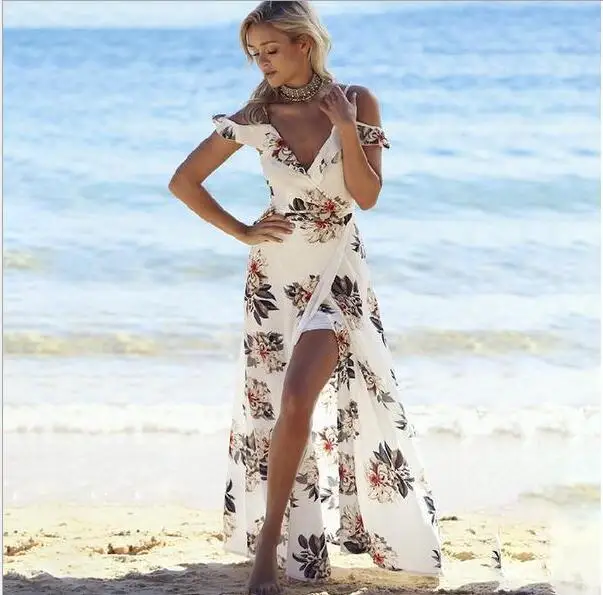

Floral print ruffles long dress Women strap v neck split beach summer Dresses Off the shoulder vestidos