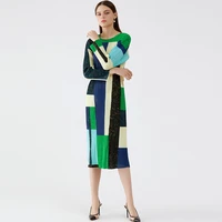 changpleat 2021 new dress for women miyak pleated fashion plus size slim geometric print long sleeve dress