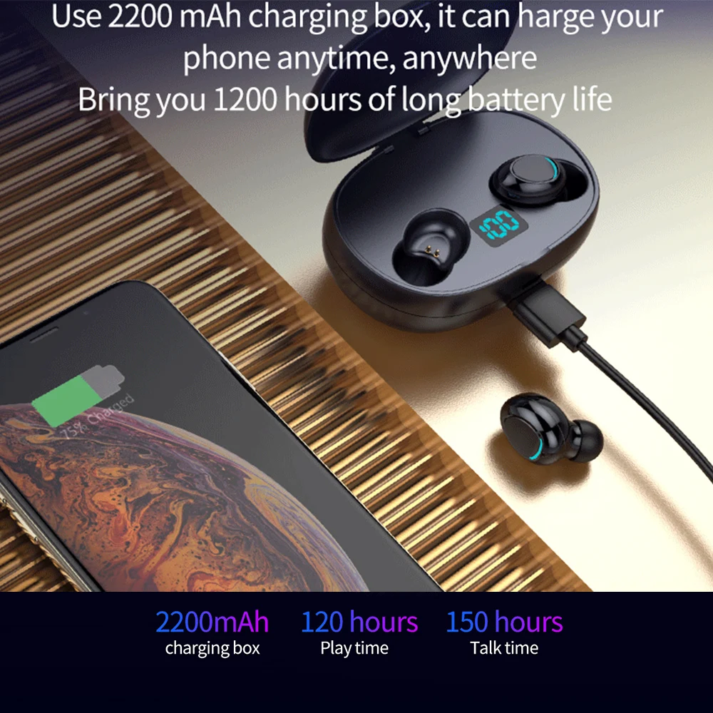 

Portable Sports 3D Stereo Sound Earbud Headphones Bluetooth 5.0 Wireless Earphones Sports Earphone with Mic and Charging box