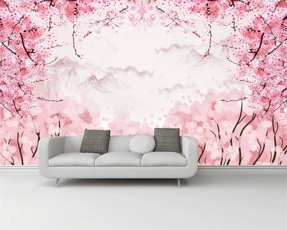 Обои на заказ в китайском стиле розовые акварельные вишневые цветы Детские
