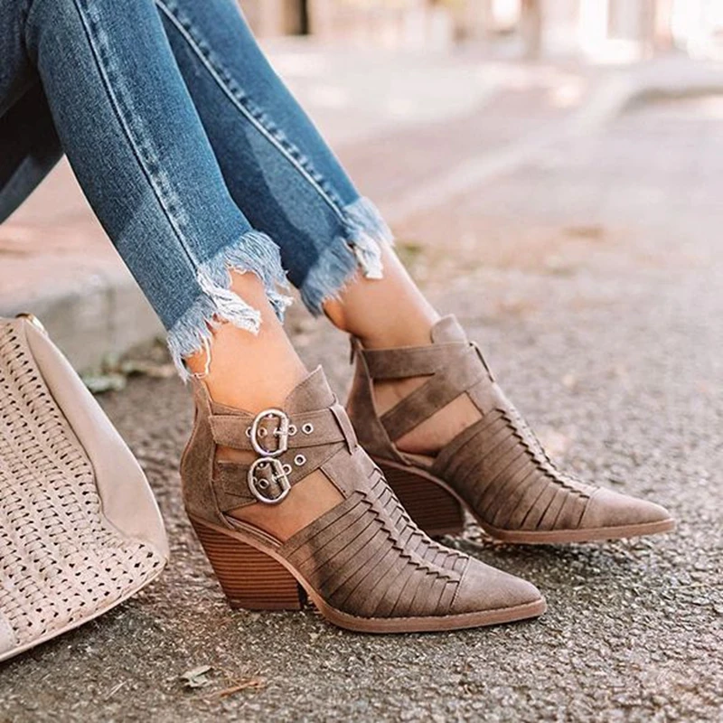 PUIMENTIUA/женские ботильоны с острым носком обувь из искусственной кожи на низком