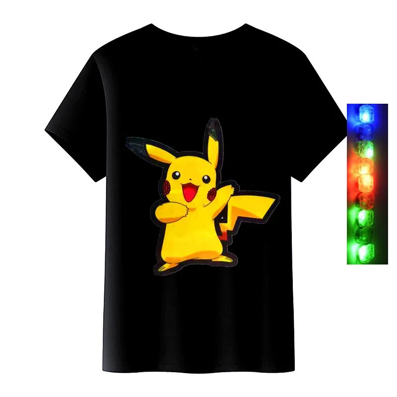 Детская футболка из чистого хлопка с круглым вырезом и яркими огнями Пикачу для