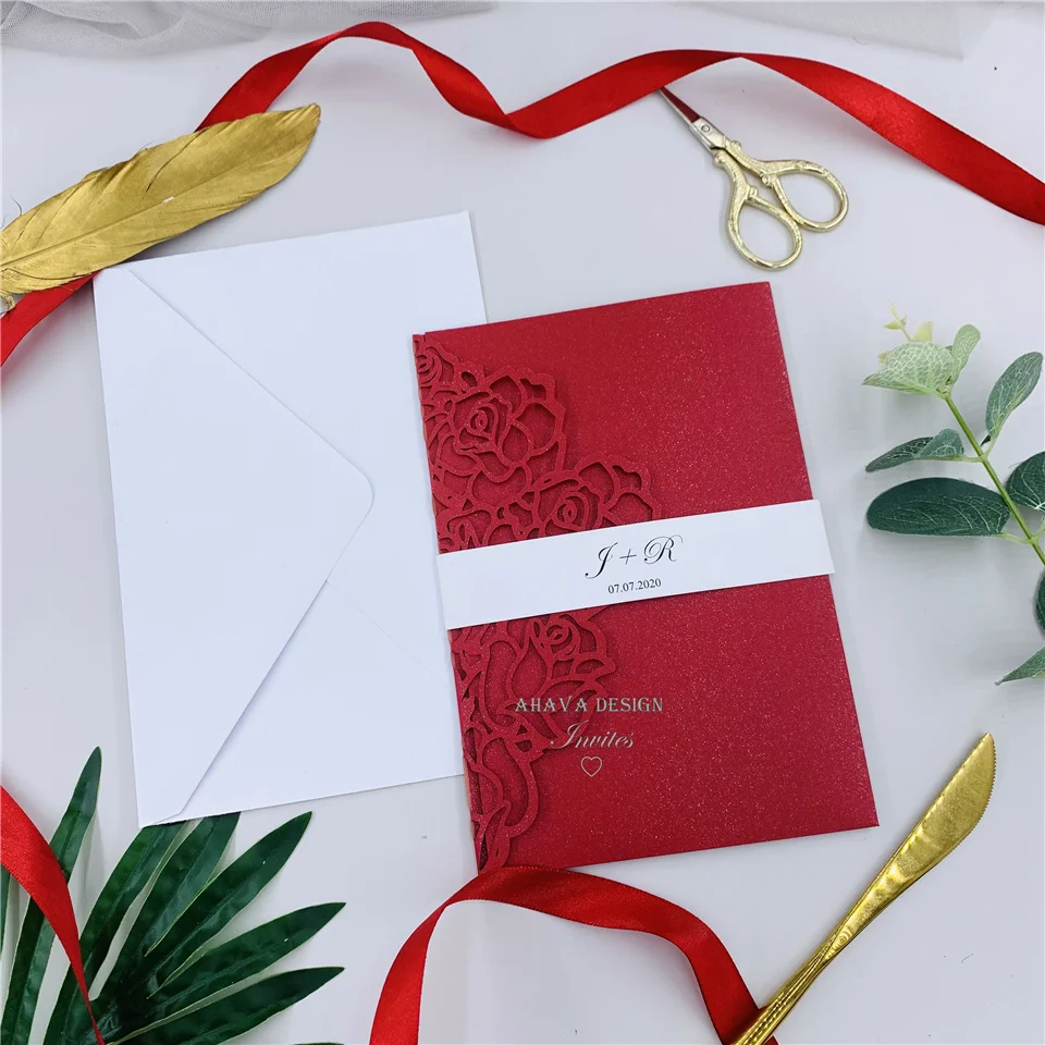 Великолепная красная Персонализированная лазерная резка свадебные приглашения