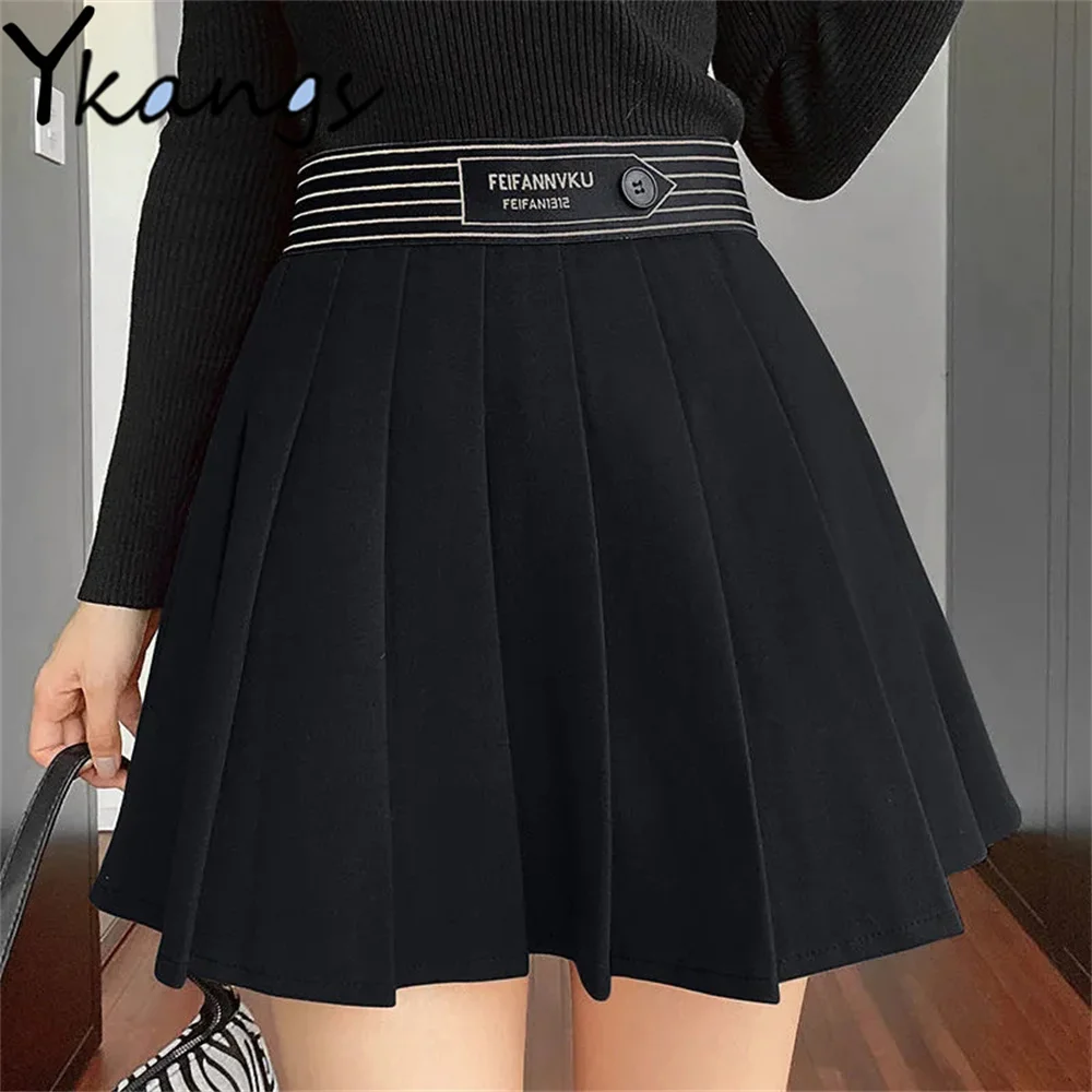 

Black Letter Trendy Pleated Skirts Korean Spring Autumn Preppy Style Woollen Sports Mini Skirt Strench High Waist Femme Clothing