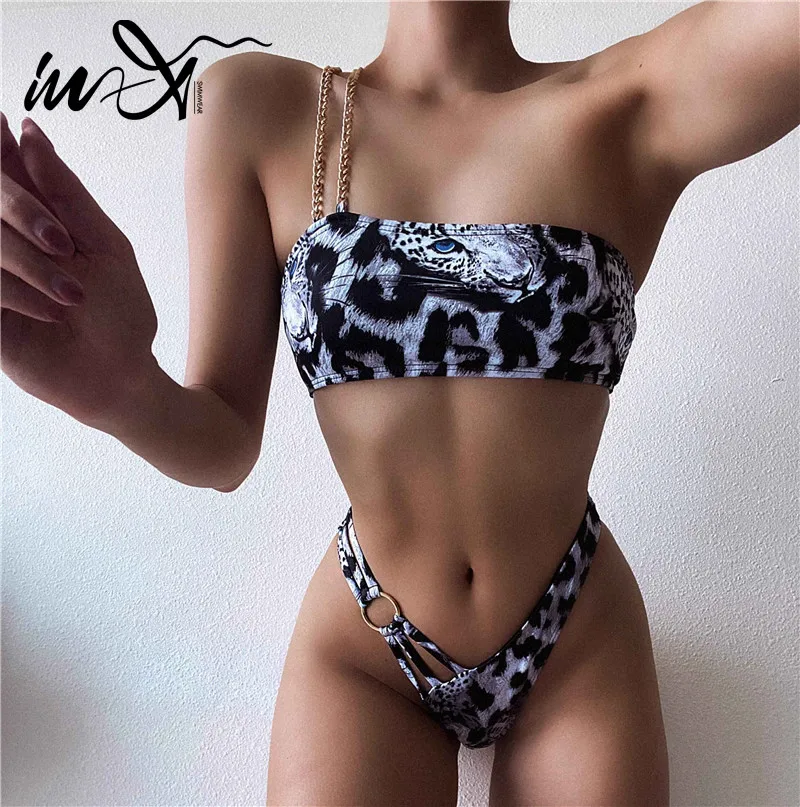 В X с леопардовым принтом купальник Женские пикантные металлической цепью бикини