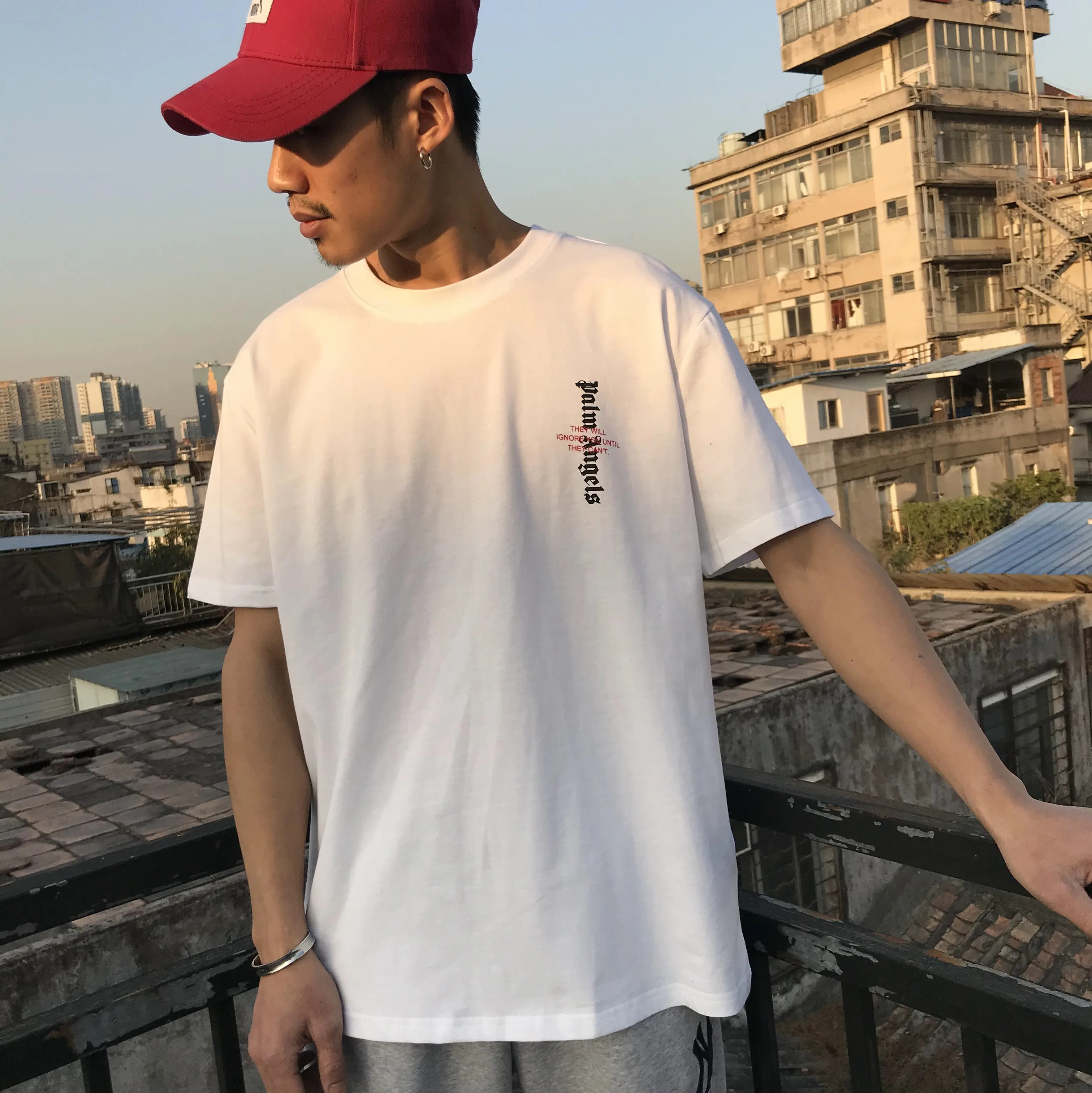 

Palm Angels Left Chest Small Letter Print Round Neck Short Sleeve Men's Women's Loose T-shirt Trend PA-87